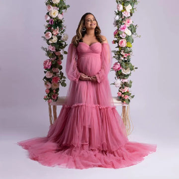 Mqtime Elegant Soft Tulle Maternity Dresses for Pregnant Women Removable Sleeves Corset Maternity Photoshoot Dress Babyshower Gowns